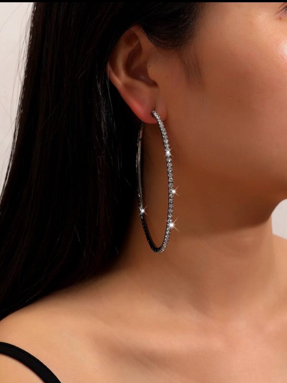 Black Crystal Pavé Large Hoop Earrings - Silver Tone